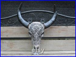 WATER buffalo skull carving hand carved buffalo skull with black horn